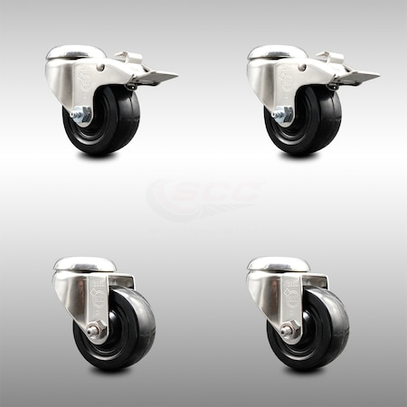 Service Caster 3.5 Inch 316SS Soft Rubber Wheel Swivel Bolt Hole Caster Set with 2 Lock Brake SCC-SS316BHTTL20S3514-SRS-2-S-2